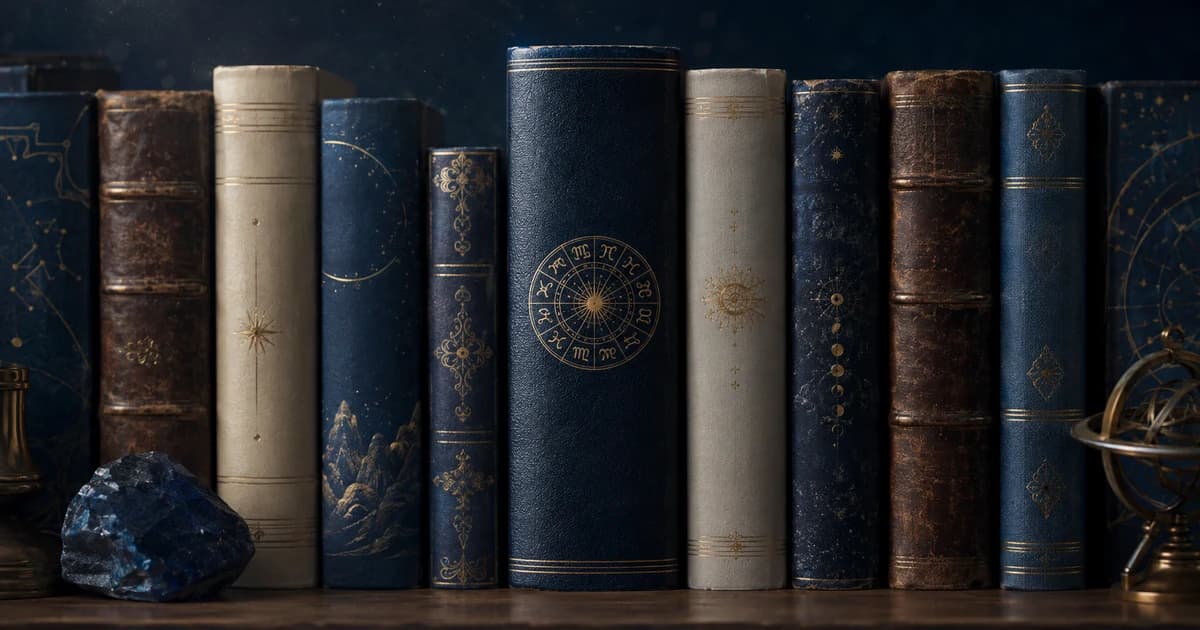 A shelf of spines, one with a zodiac motif