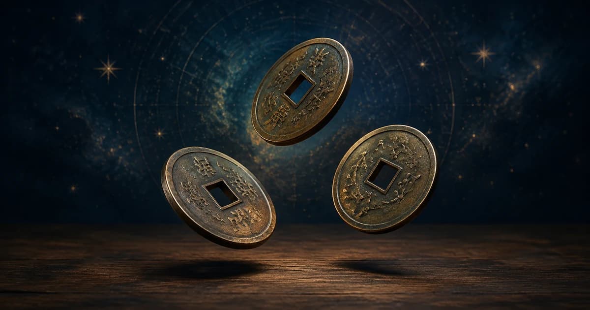 Three bronze coins mid-air over a plain table