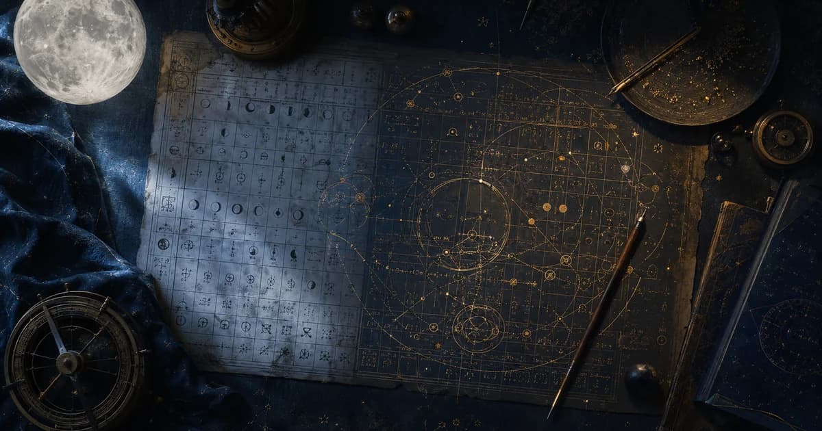 An ephemeris table half-lit, half-annotated in gold