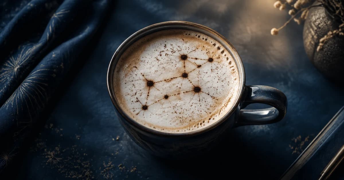 A coffee cup with a zodiac constellation motif in the foam