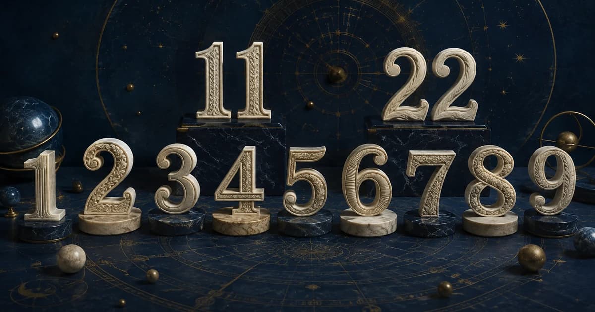 Numerals 1 to 9 as carved figures, 11 and 22 set apart