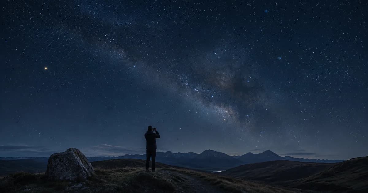 A figure with binoculars under a dark sky, no light pollution