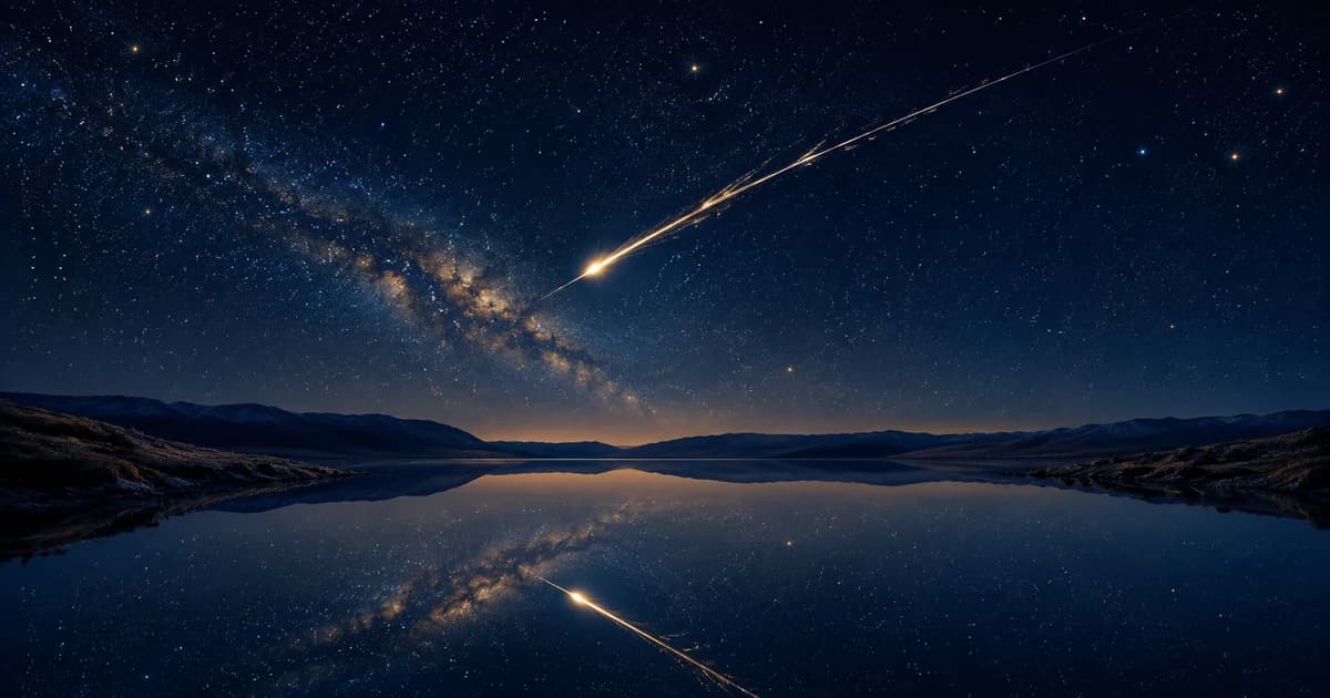 A meteor streak over a still lake