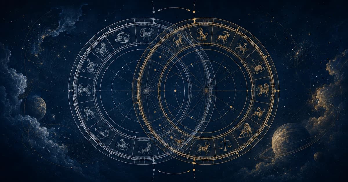 Two zodiac wheels offset by 24°, tropical and sidereal, overlapping