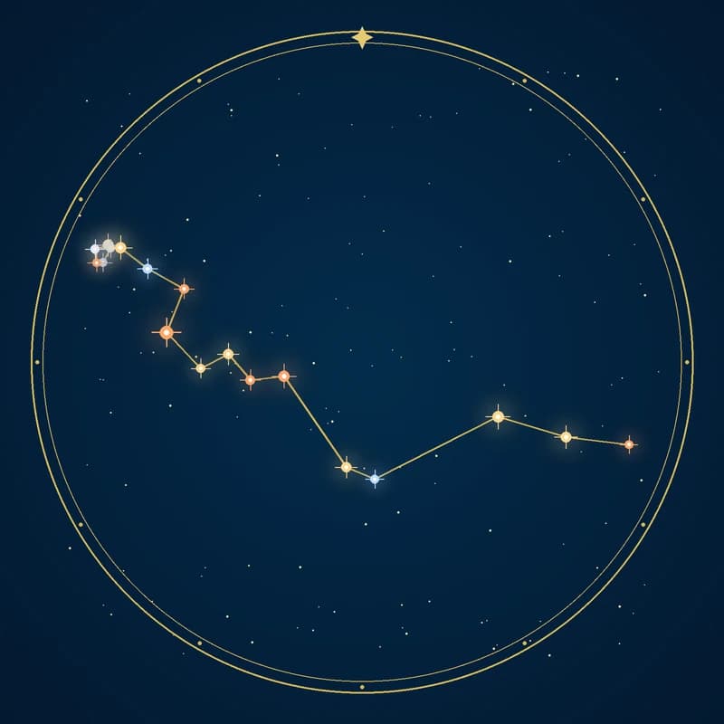 The constellation Hydra, its stars sized by brightness and coloured by spectral type