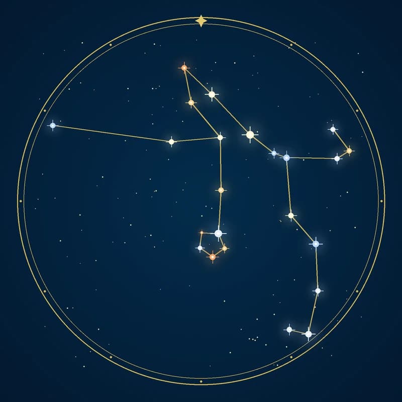 The constellation Perseus, its stars sized by brightness and coloured by spectral type