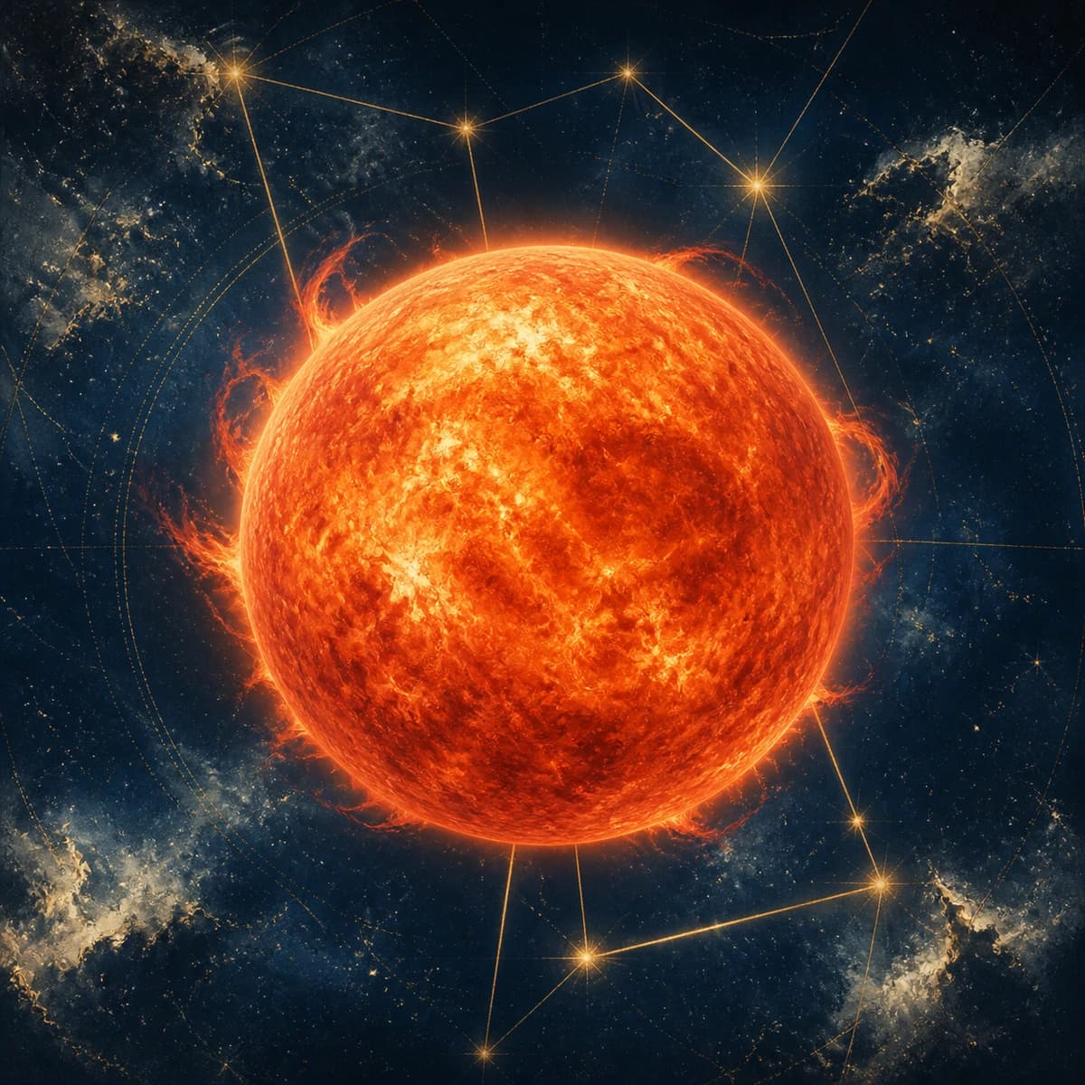 Betelgeuse, painted as a deep red star