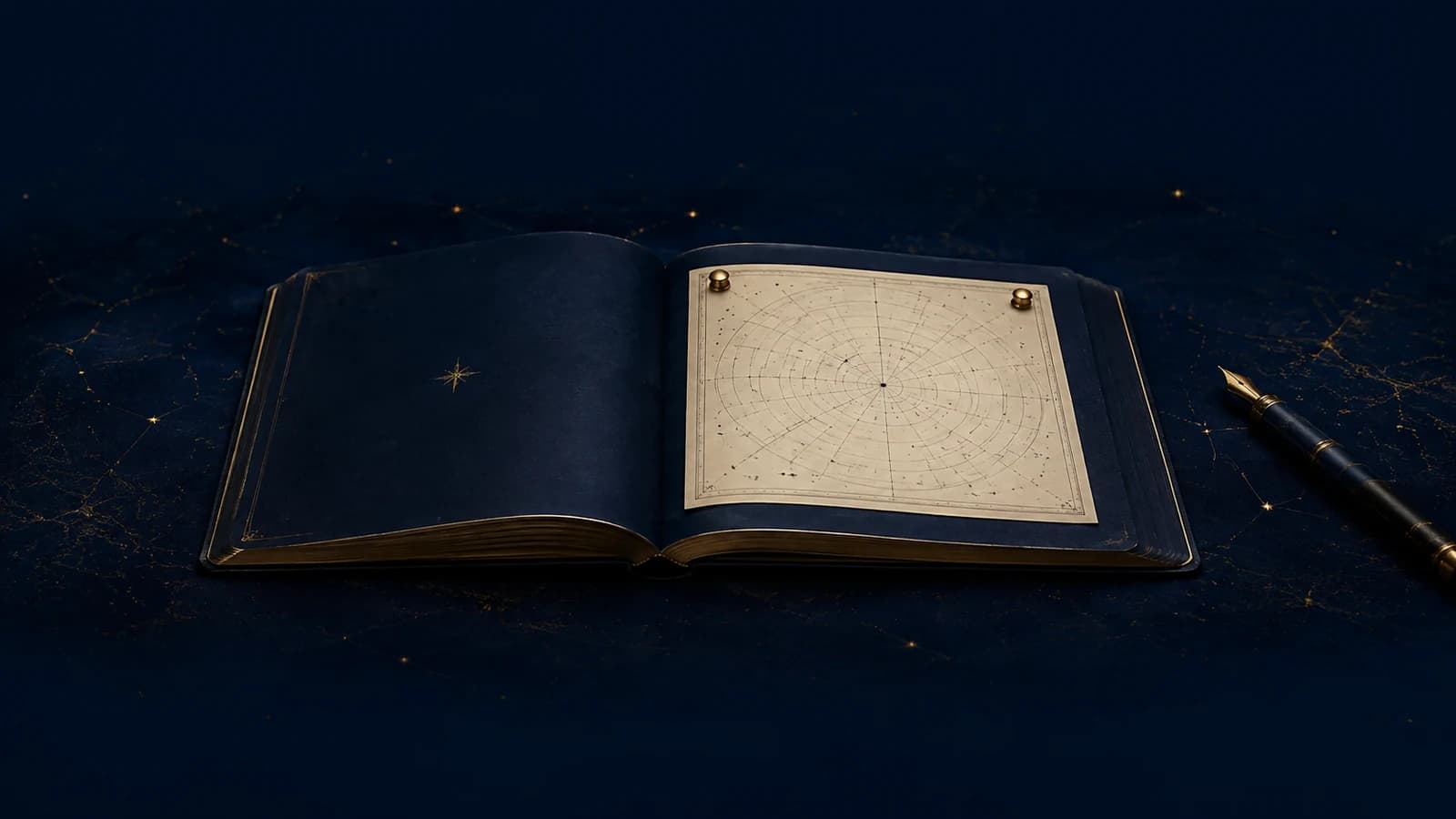 An open notebook with a star chart pinned to the page