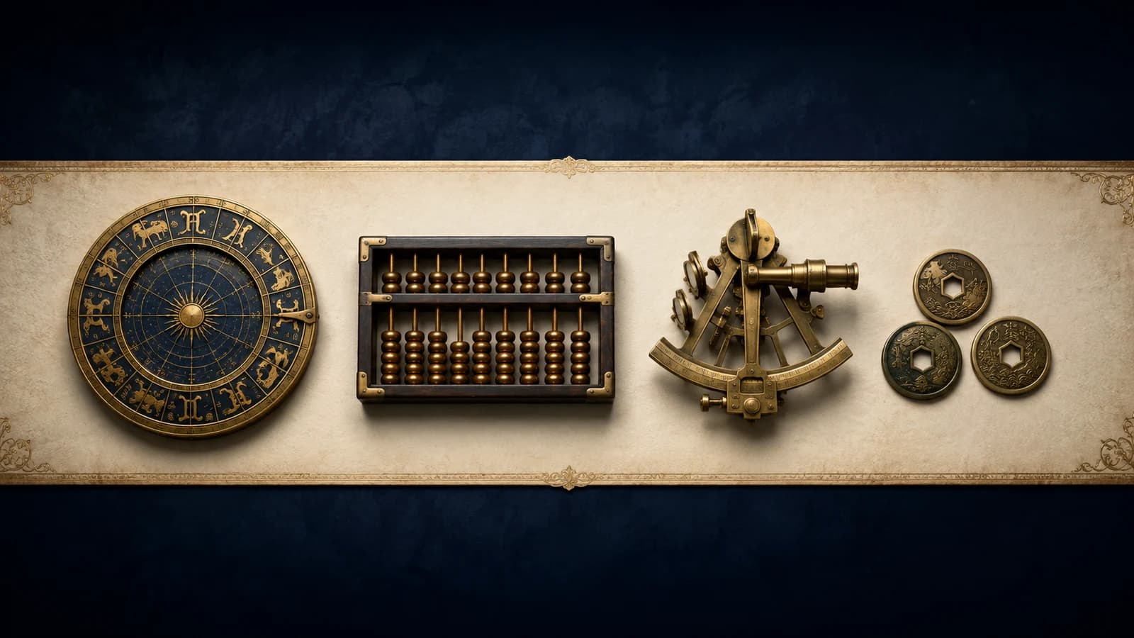 A row of instruments: a chart wheel, an abacus, a sextant and coins