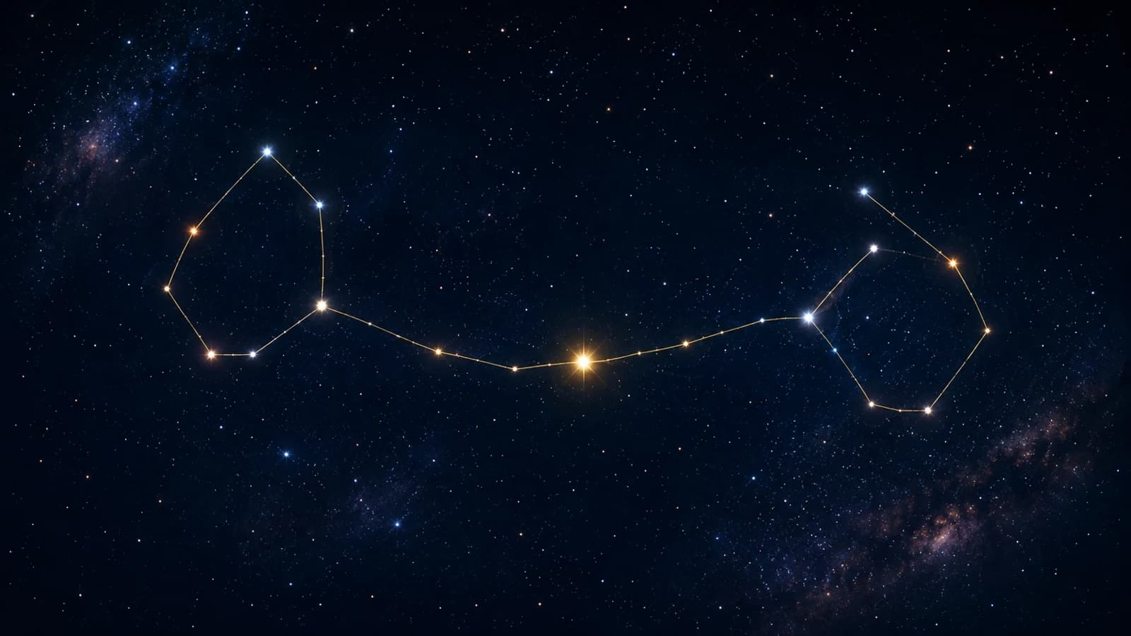 The two loops of Pisces joined by a long cord, drawn in gold with one star lit along the cord