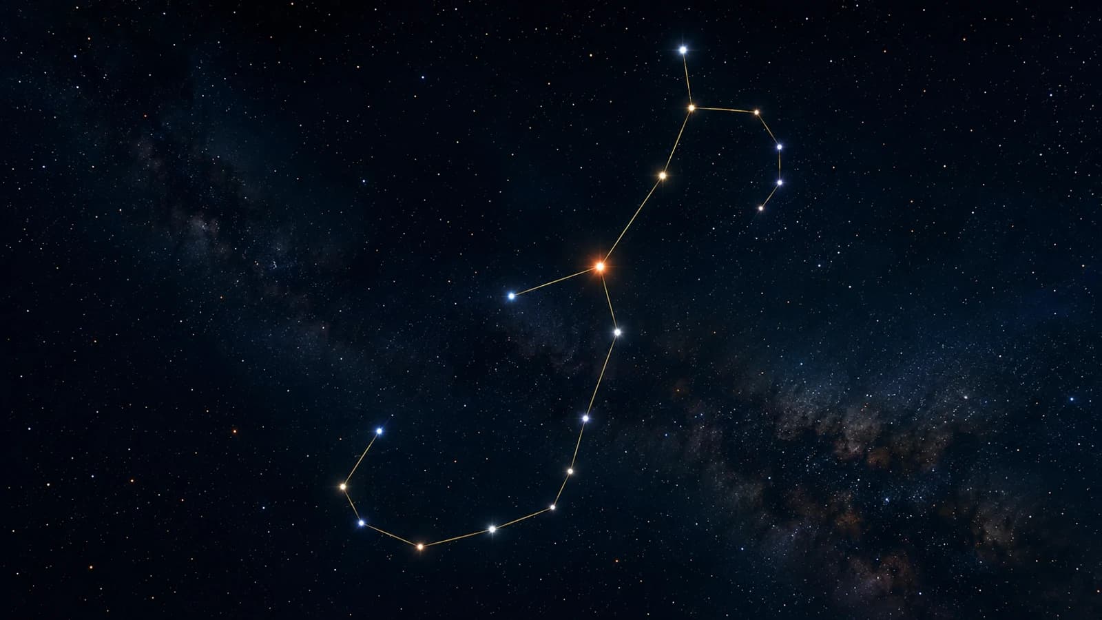 The hooked body and tail of Scorpius curling through the Milky Way, one red star lit at its heart