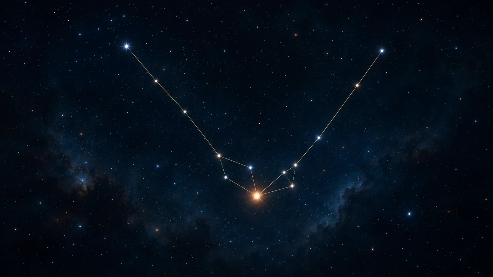 The V of the Taurus face with its two long horns, drawn in gold over the Milky Way