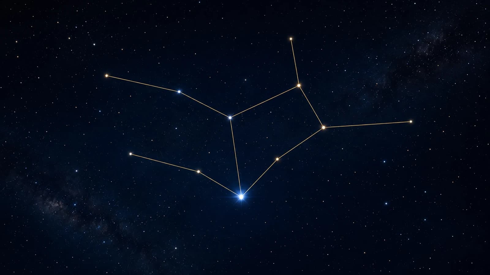 The long limbs of Virgo drawn in gold, one blue star lit at the end of the figure