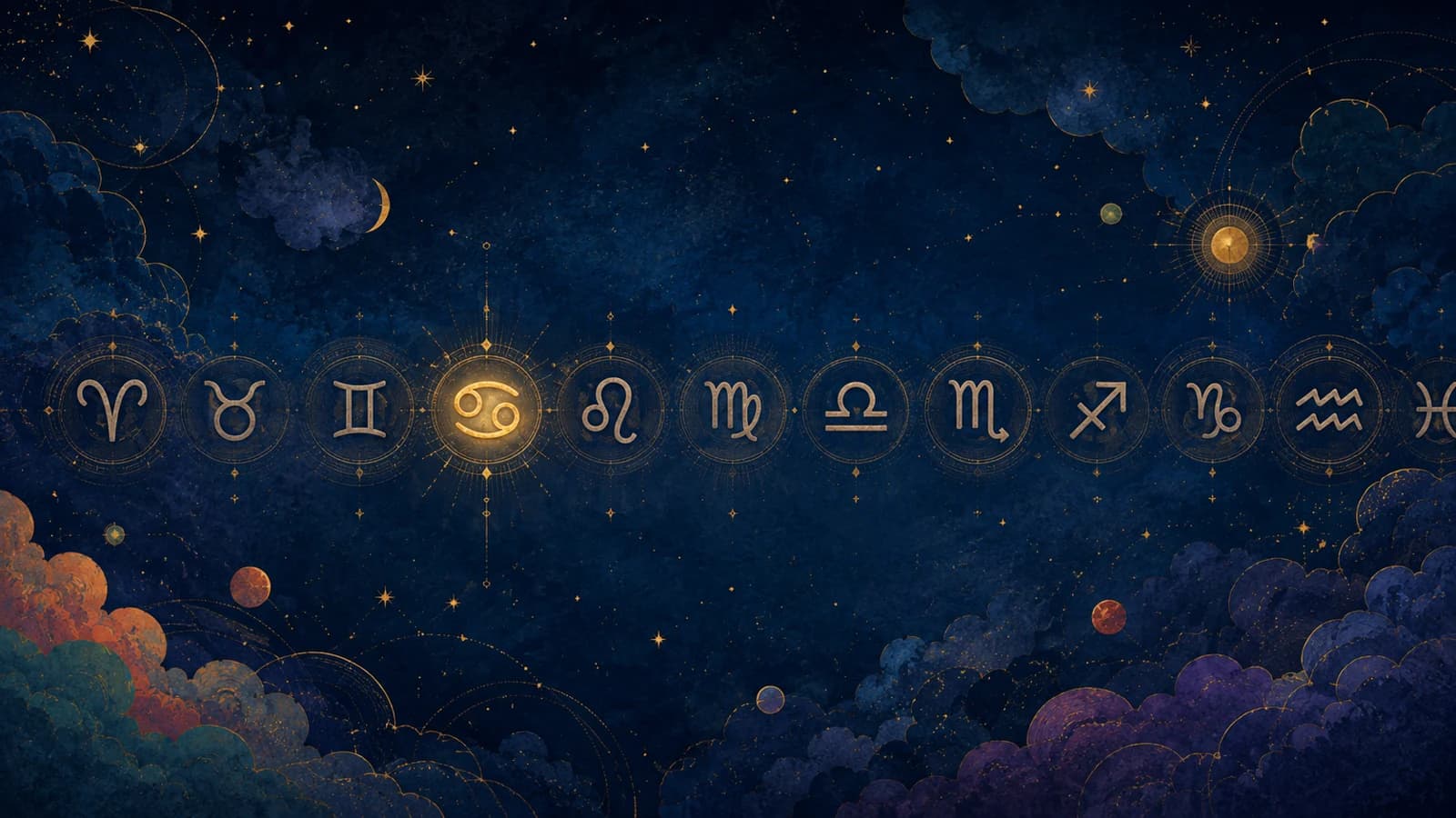 The twelve zodiac constellations ringing a night sky