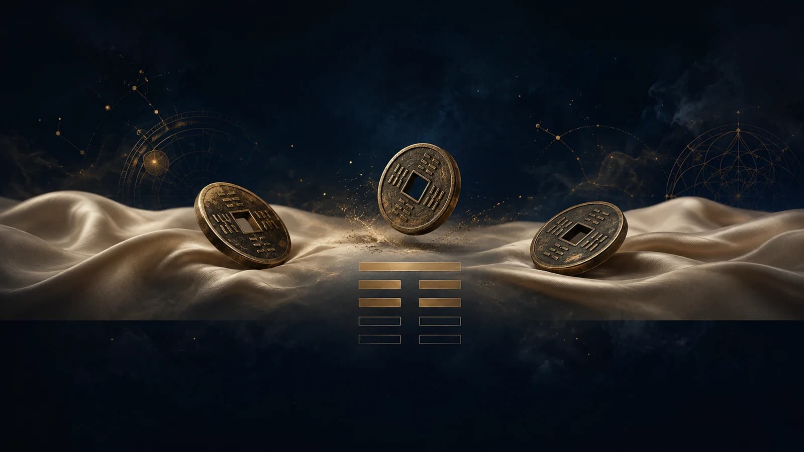 Three bronze coins landing on ivory silk, a hexagram of six bars rising from the bottom