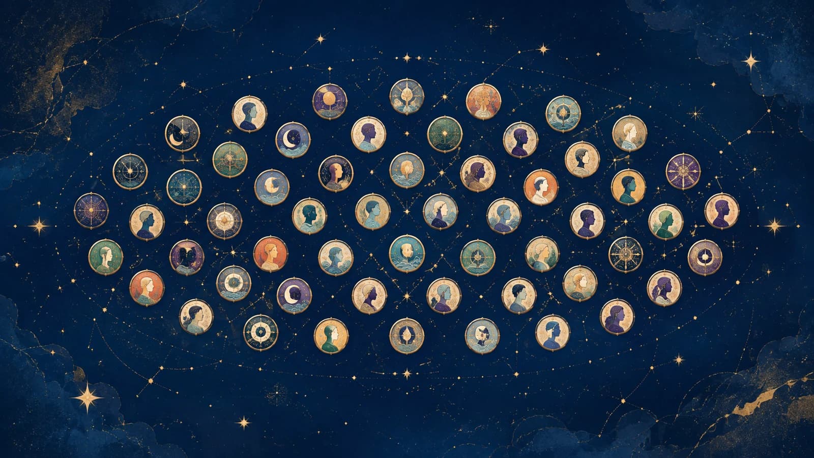Sixty small archetype cards fanned out