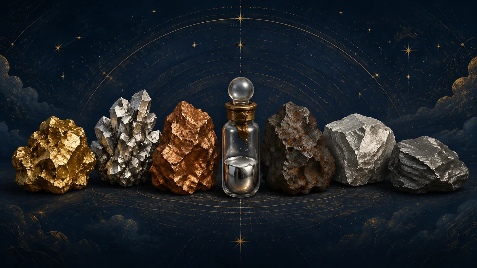Seven metals laid out with their planetary signs