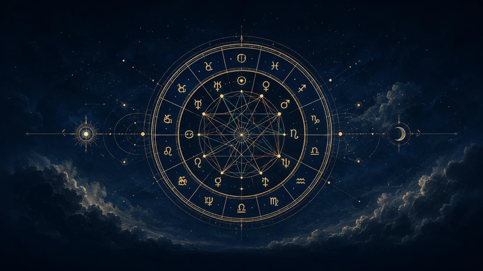 A full chart wheel with houses and aspects drawn in gold