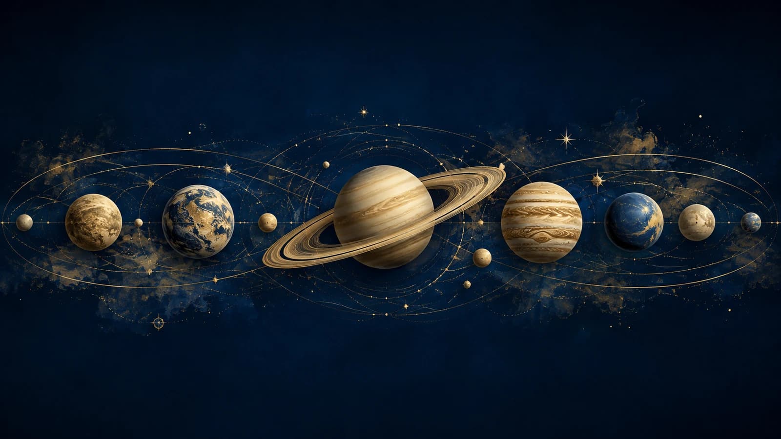 The classical seven ranged by orbit against a night field
