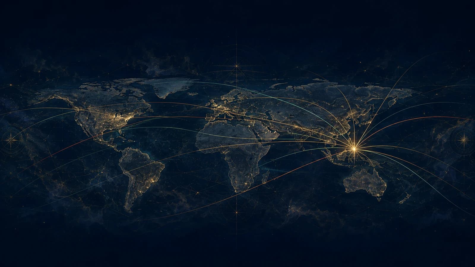 A world map with astrocartography lines crossing at one city
