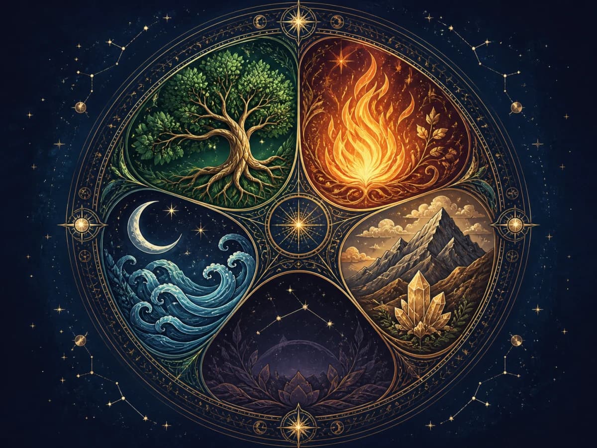 The five elements shown as Wood, Fire, Earth, Metal and Water in a celestial wheel