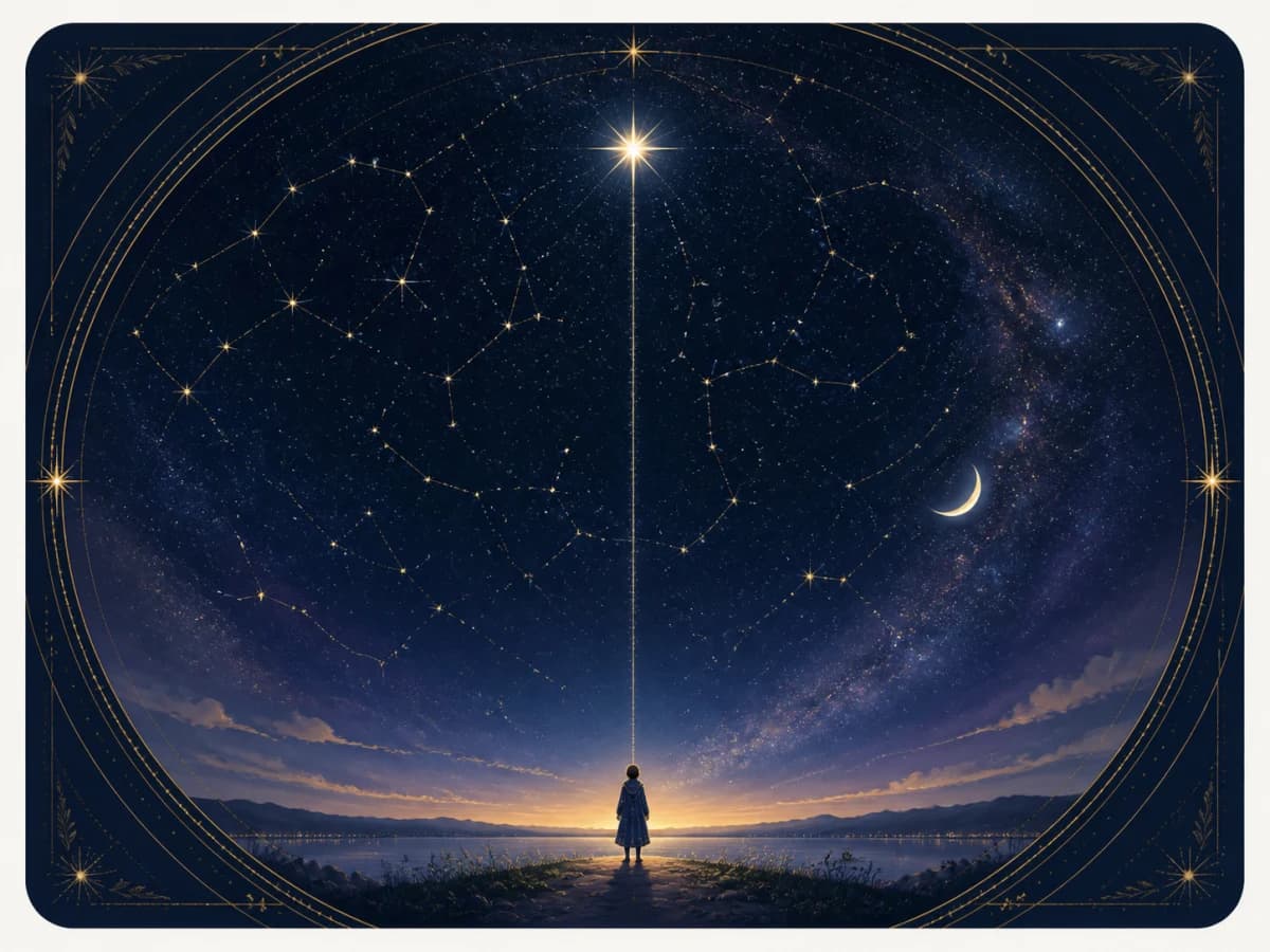A person beneath their birth sky connected to the star nearest overhead
