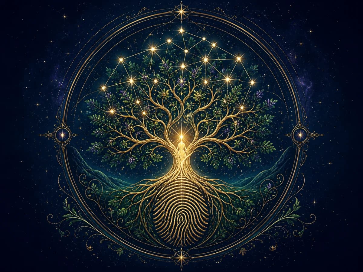 A glowing tree of life whose roots form a fingerprint beneath a constellation