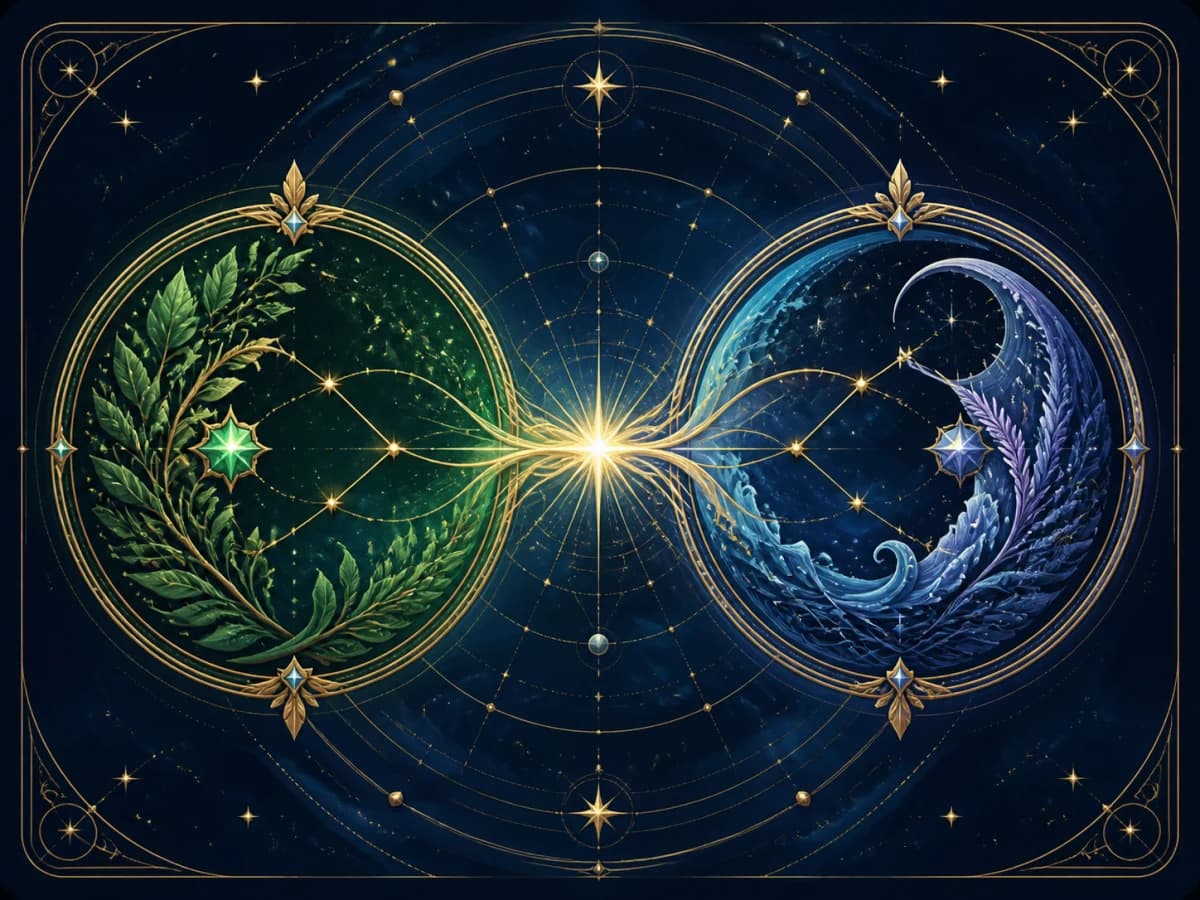 Two celestial identity emblems connected by a shared bridge star