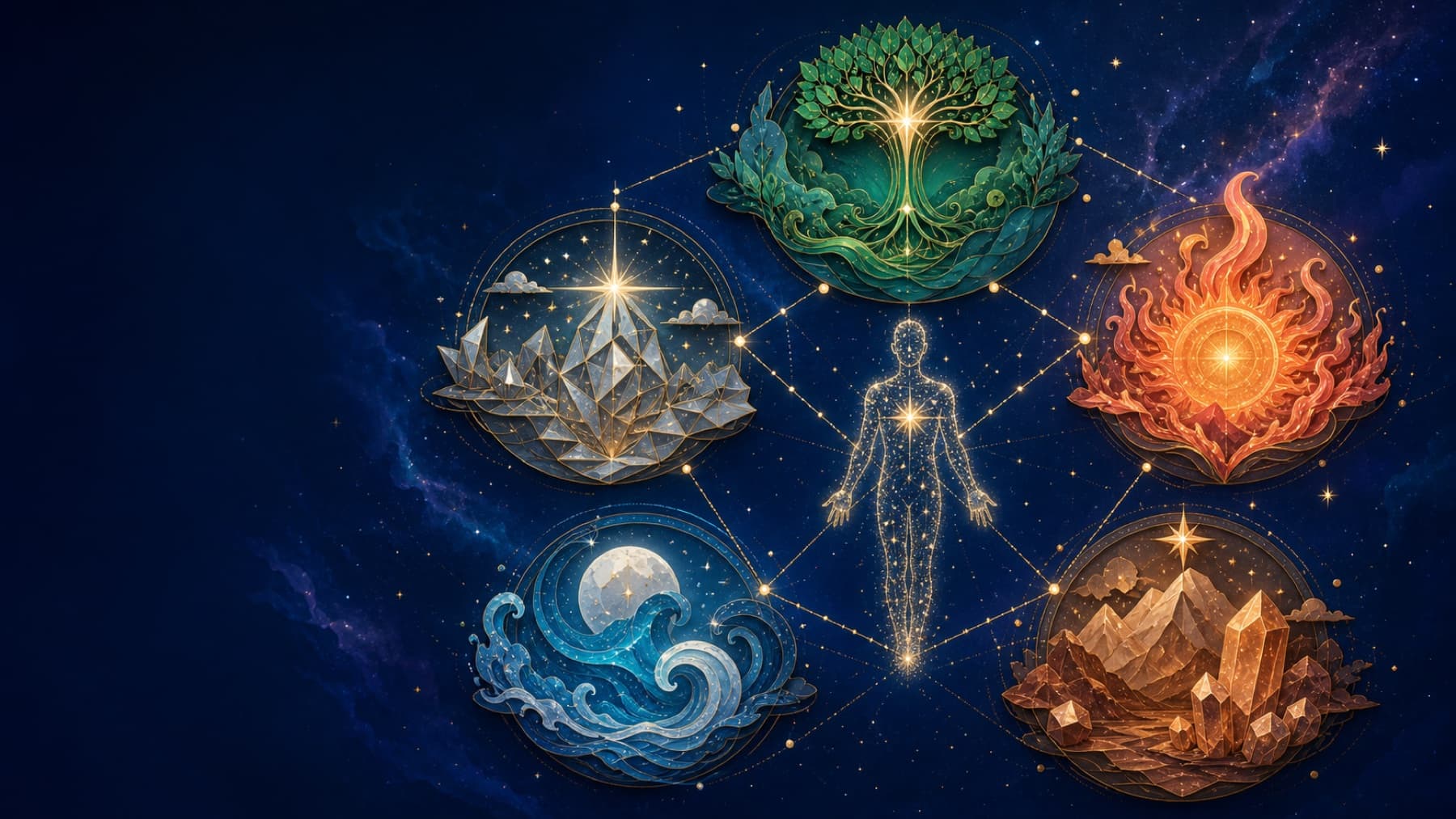 The five elemental families — Wood, Fire, Earth, Metal and Water — arranged around one figure of starlight