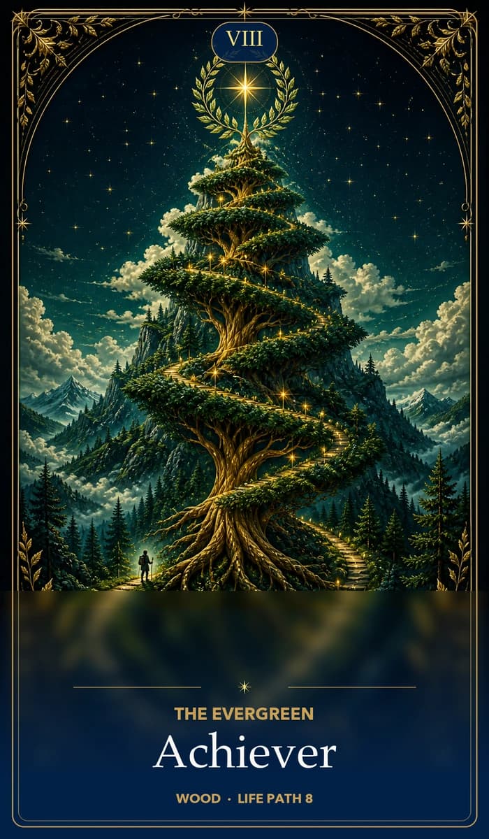 The Evergreen Achiever — Wood, Life Path 8 identity card
