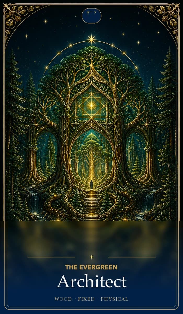 The Evergreen Architect · Wood, Fixed Sun, Physical plane identity card
