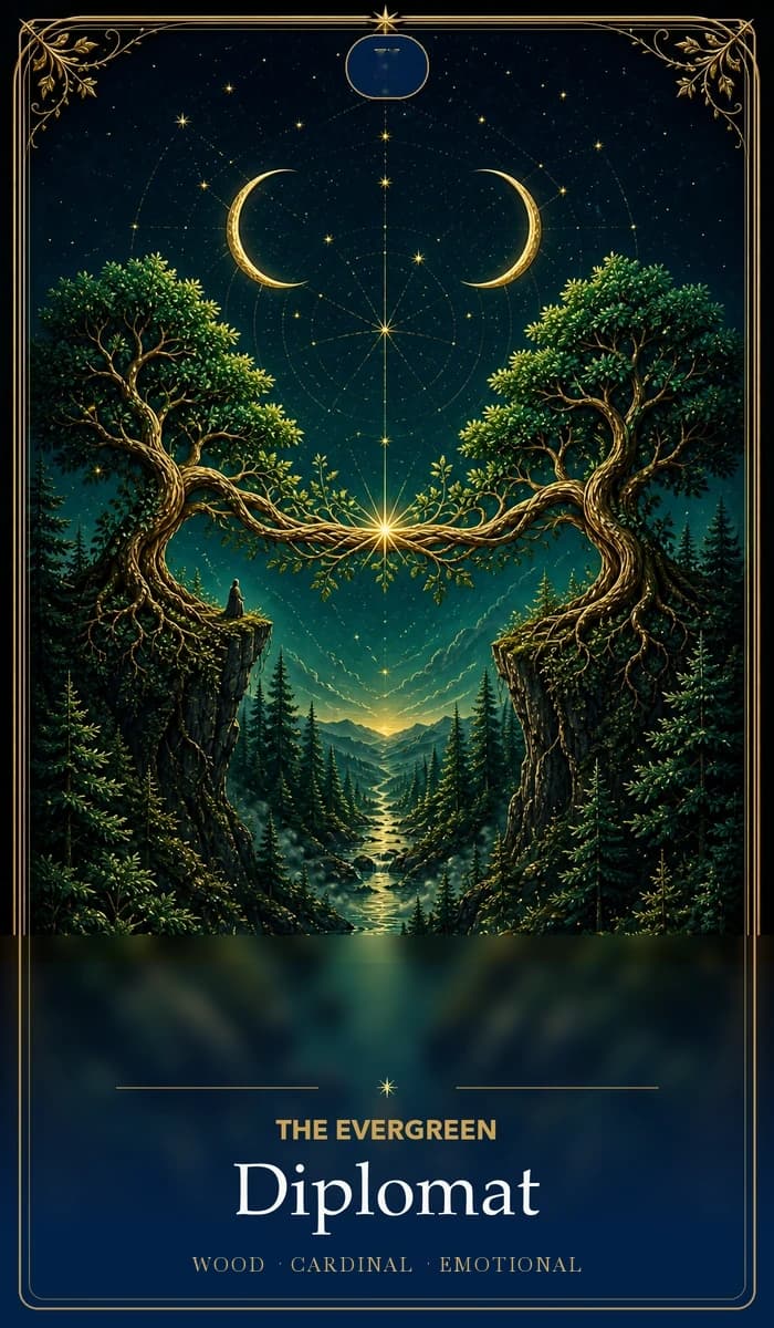The Evergreen Diplomat · Wood, Cardinal Sun, Emotional plane identity card