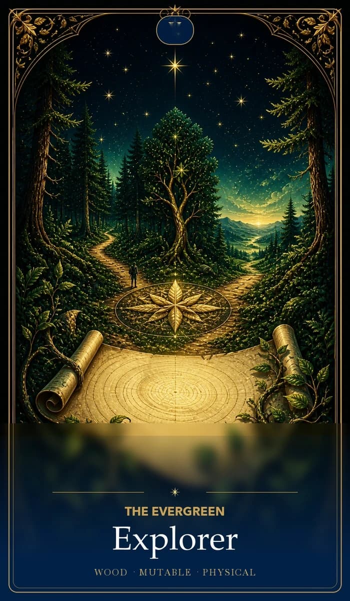 The Evergreen Explorer · Wood, Mutable Sun, Physical plane identity card