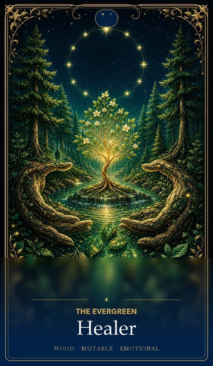 The Evergreen Healer · Wood, Mutable Sun, Emotional plane identity card