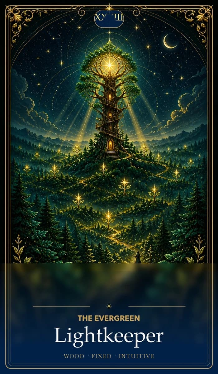 The Evergreen Lightkeeper · Wood, Fixed Sun, Intuitive plane identity card