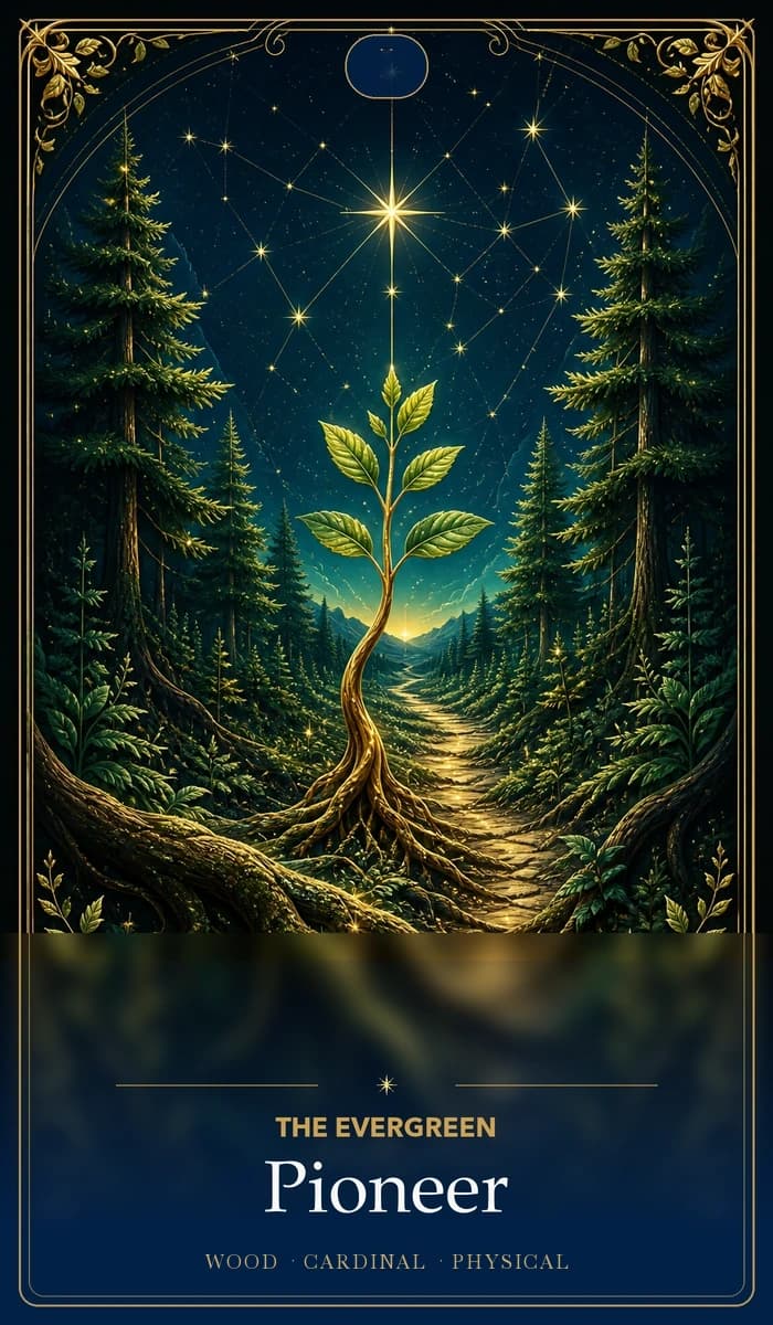 The Evergreen Pioneer · Wood, Cardinal Sun, Physical plane identity card