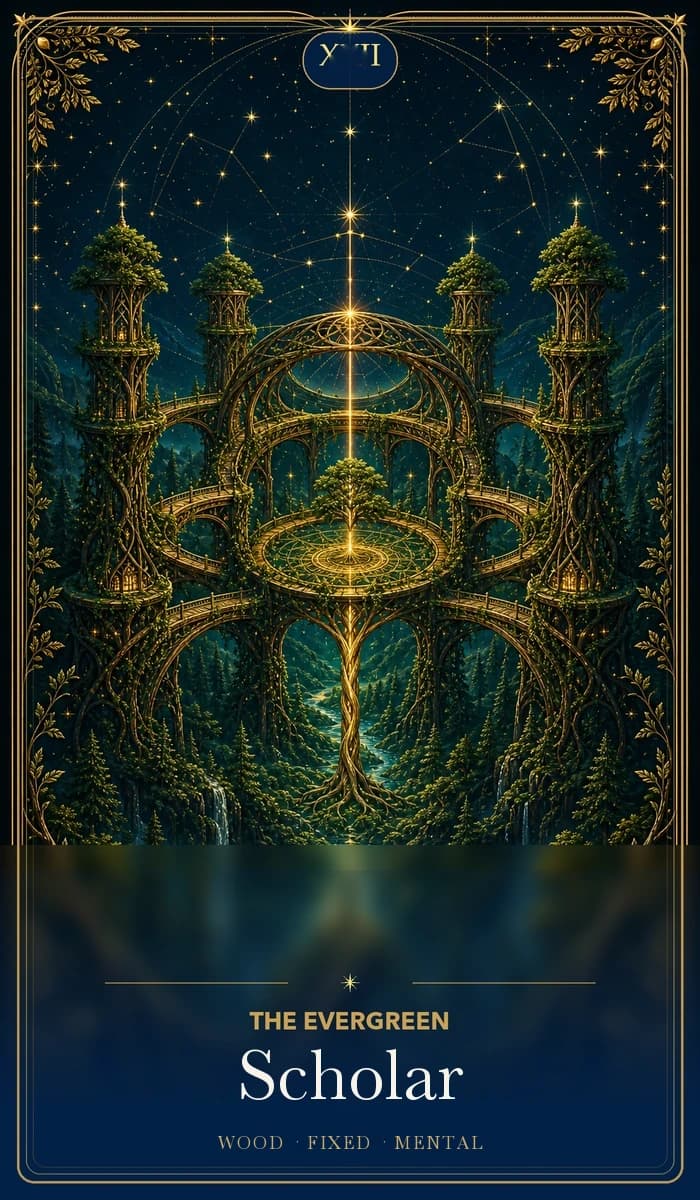 The Evergreen Scholar · Wood, Fixed Sun, Mental plane identity card