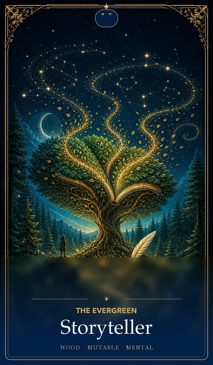 The Evergreen Storyteller · Wood, Mutable Sun, Mental plane identity card