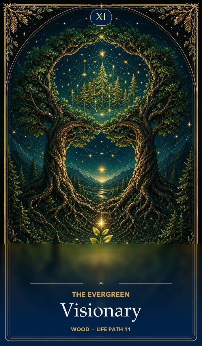 The Evergreen Visionary — Wood, Life Path 11/2 identity card