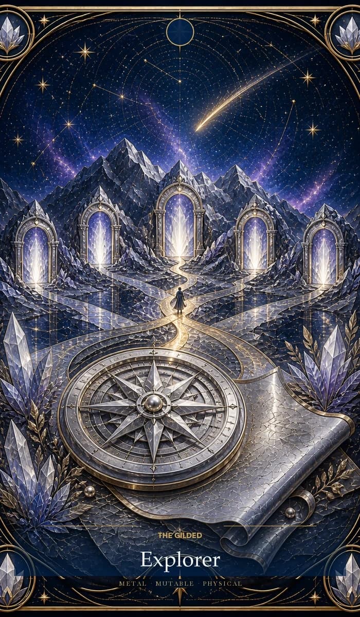 The Gilded Explorer · Metal, Mutable Sun, Physical plane identity card