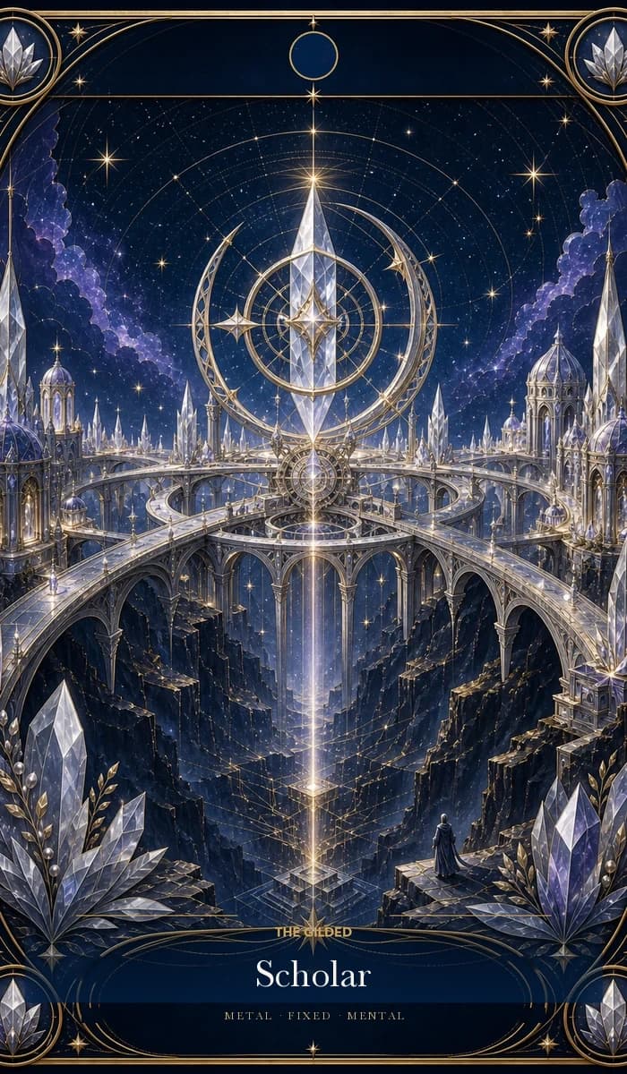 The Gilded Scholar · Metal, Fixed Sun, Mental plane identity card