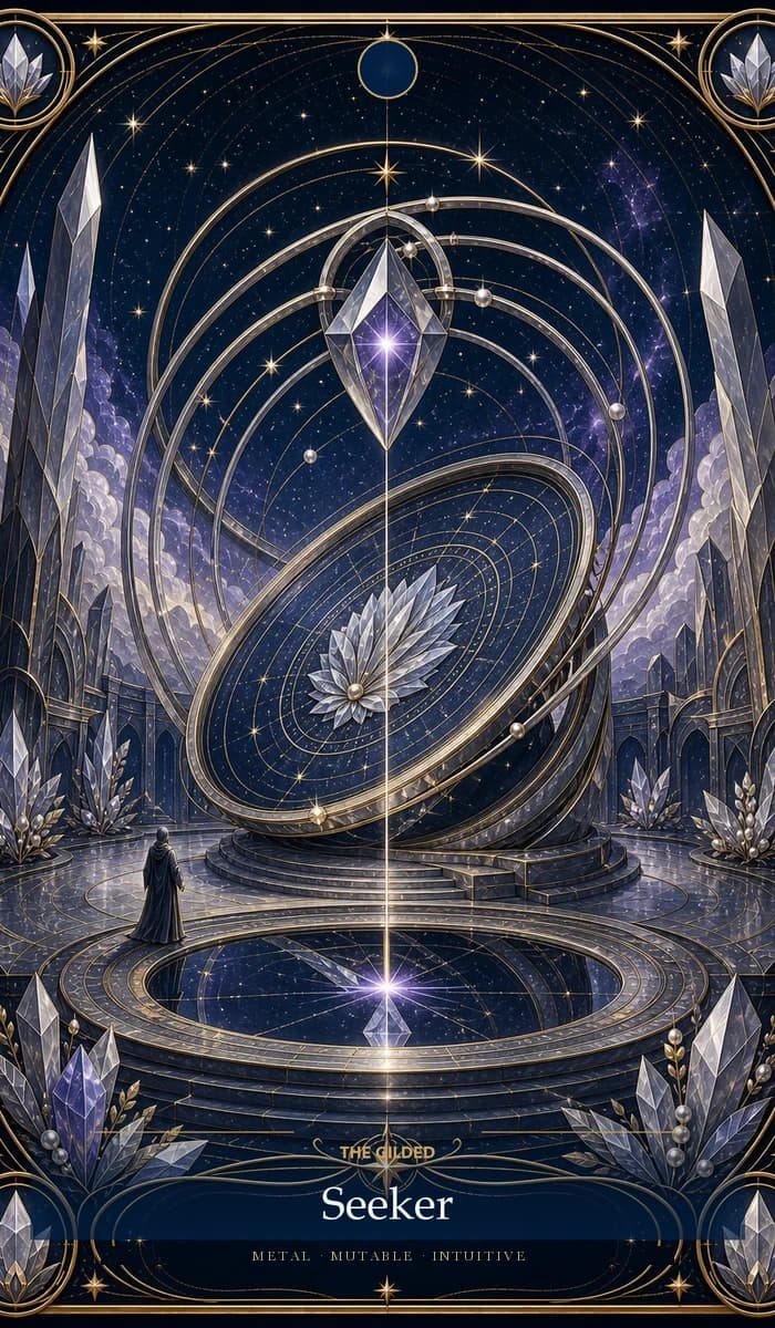 The Gilded Seeker · Metal, Mutable Sun, Intuitive plane identity card