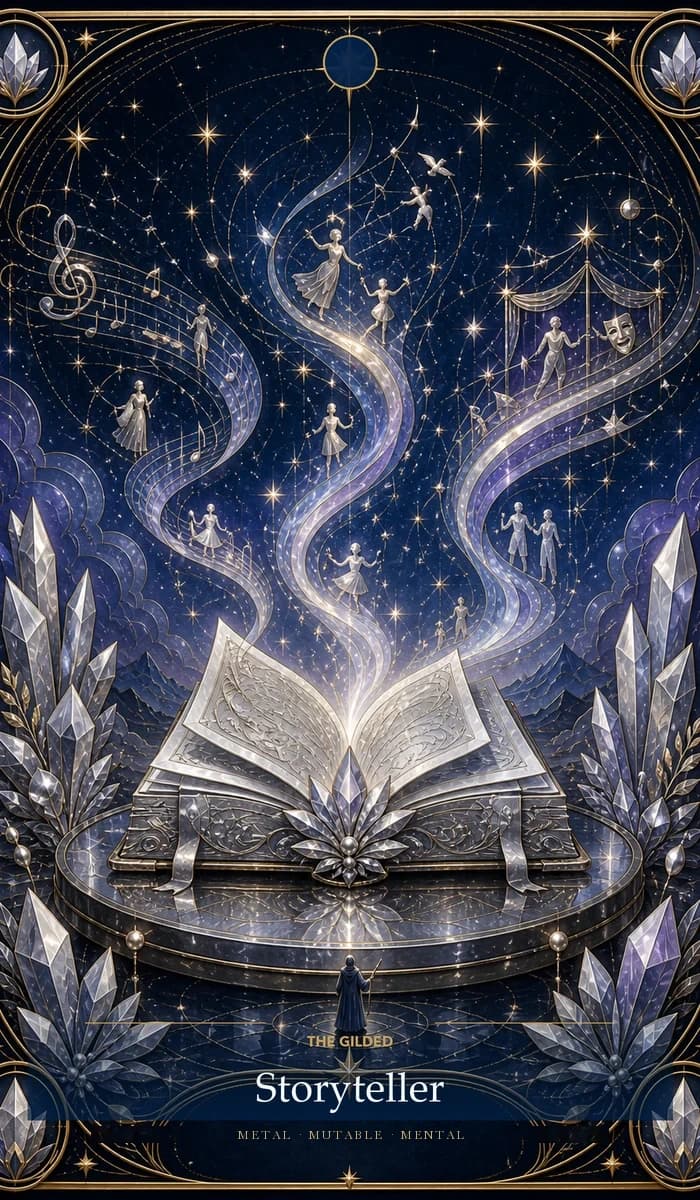 The Gilded Storyteller · Metal, Mutable Sun, Mental plane identity card