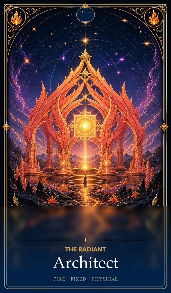 The Radiant Architect · Fire, Fixed Sun, Physical plane identity card