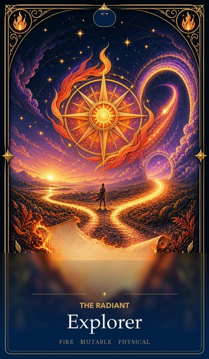 The Radiant Explorer · Fire, Mutable Sun, Physical plane identity card