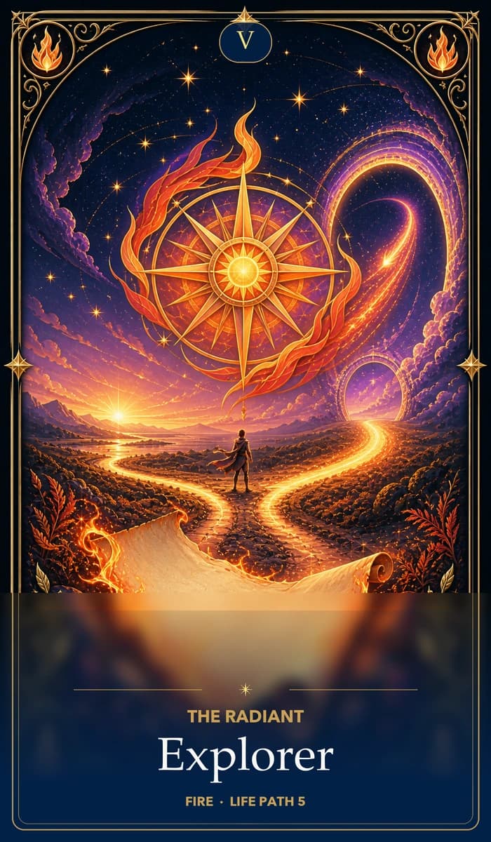 The Radiant Explorer — Fire, Life Path 5 identity card