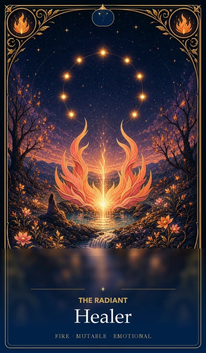 The Radiant Healer · Fire, Mutable Sun, Emotional plane identity card