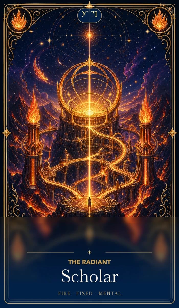 The Radiant Scholar · Fire, Fixed Sun, Mental plane identity card