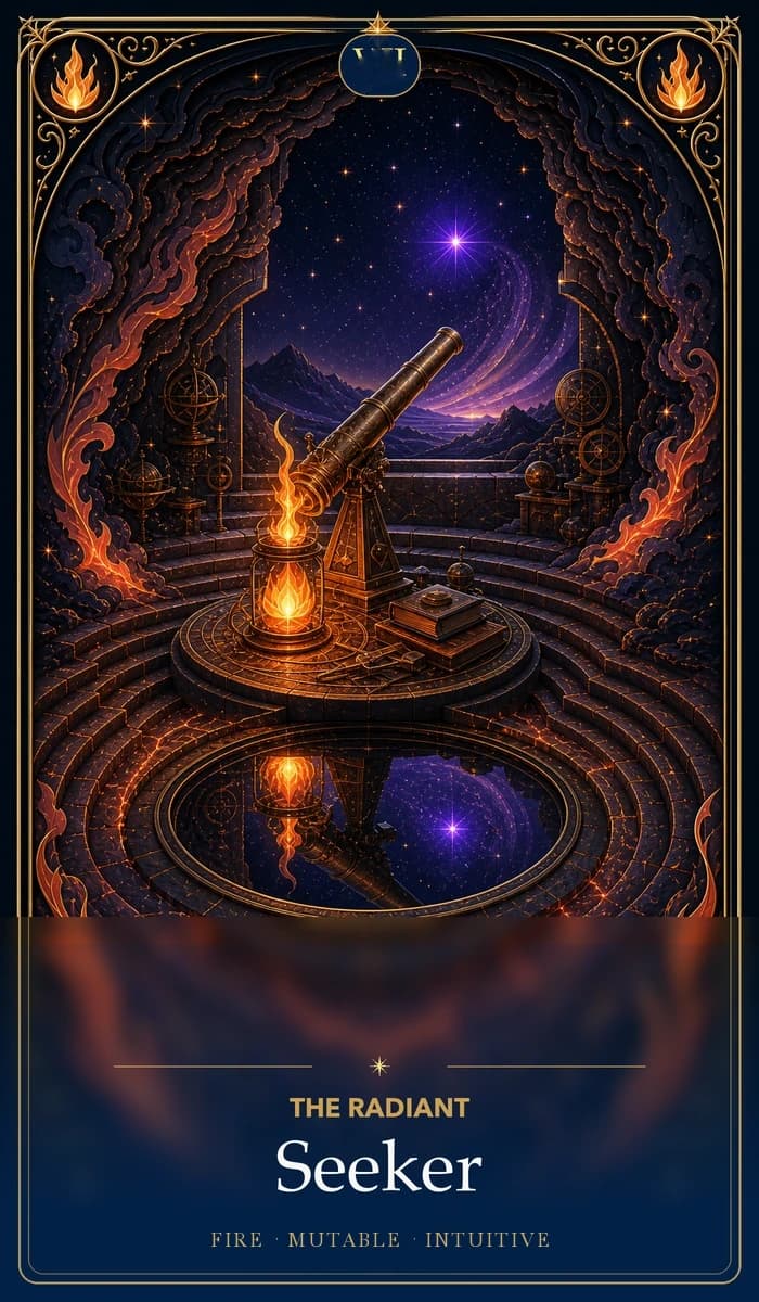 The Radiant Seeker · Fire, Mutable Sun, Intuitive plane identity card