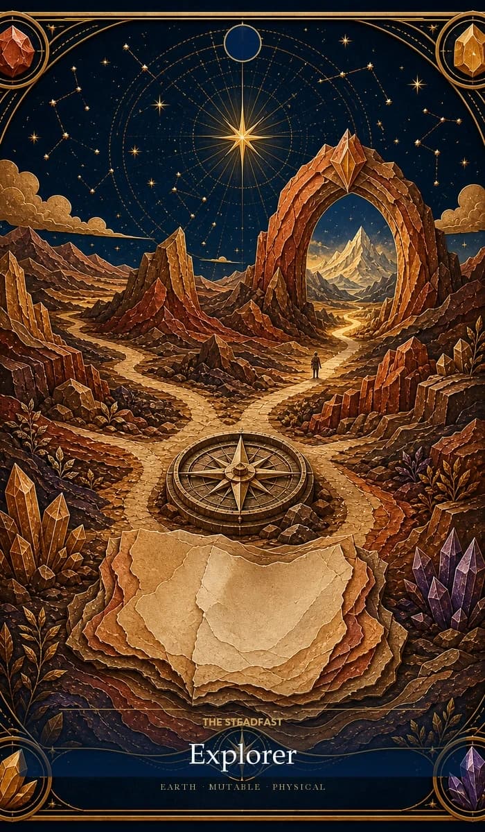 The Steadfast Explorer · Earth, Mutable Sun, Physical plane identity card